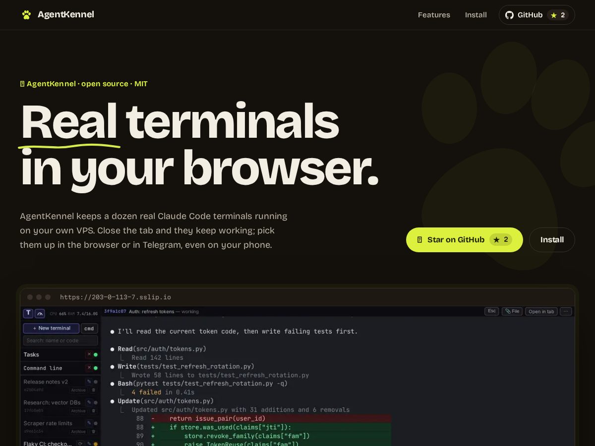 Landing-page snapshot of agentkennel.com