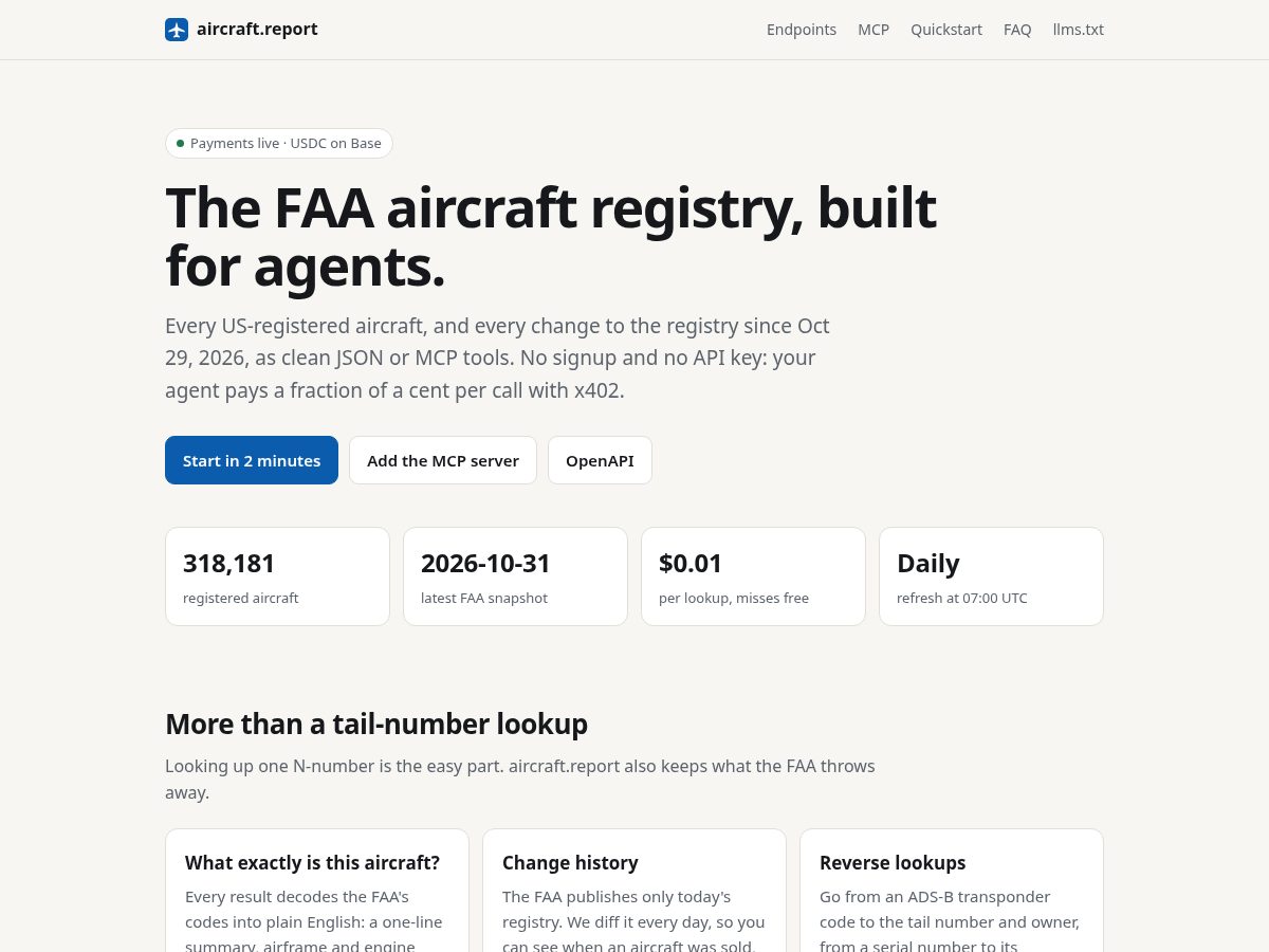 Landing-page snapshot of aircraft.report