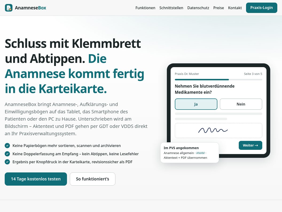 Landing-page snapshot of anamnesebox.pro