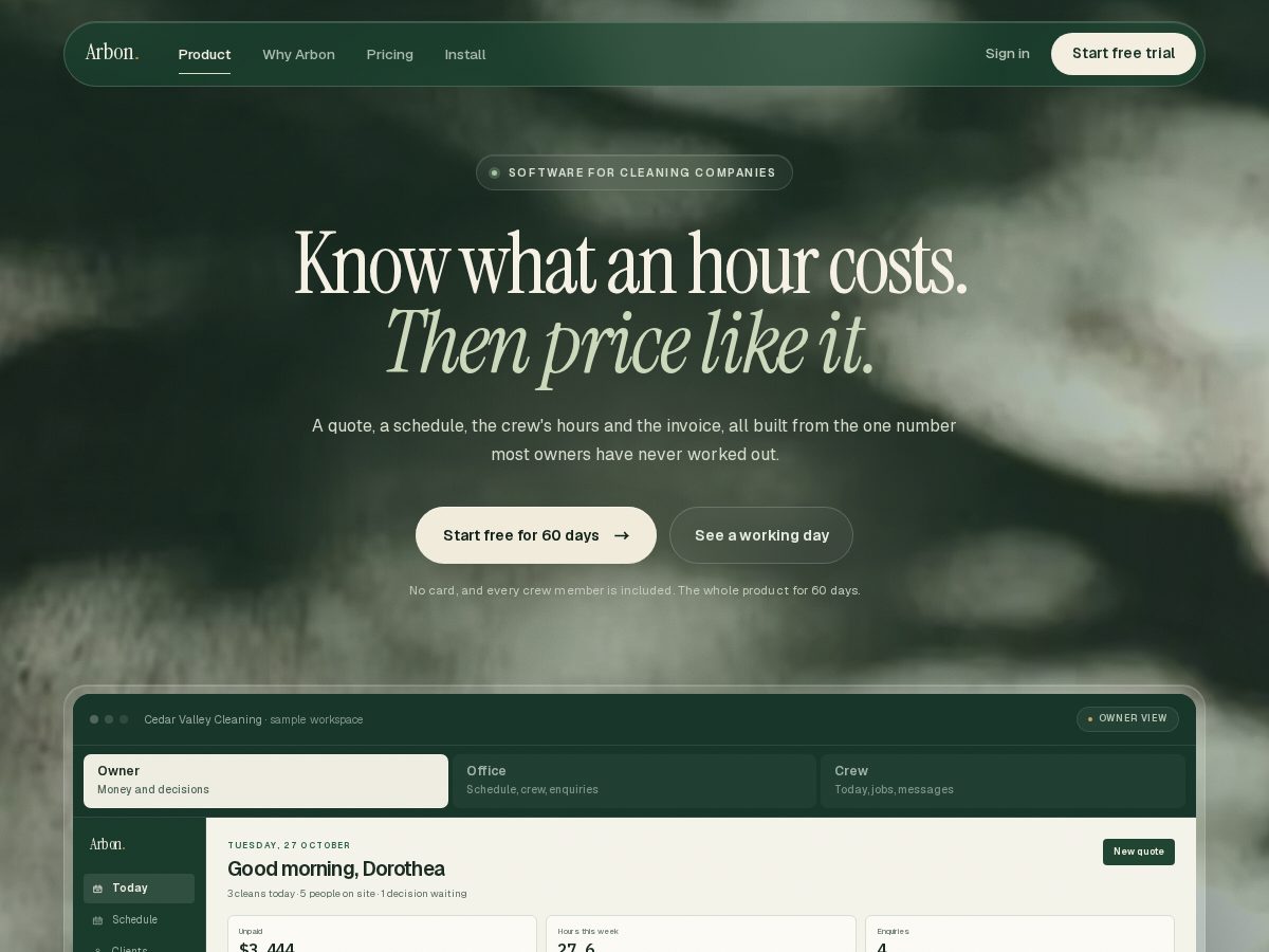 Landing-page snapshot of arbon.app