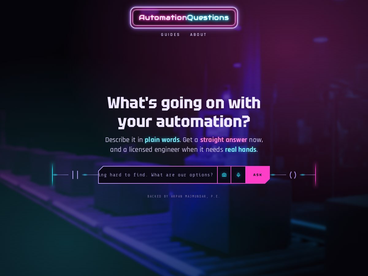 Landing-page snapshot of automationquestions.com