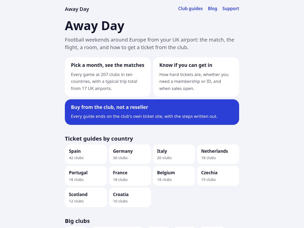 Landing-page snapshot of awaydayfootball.com