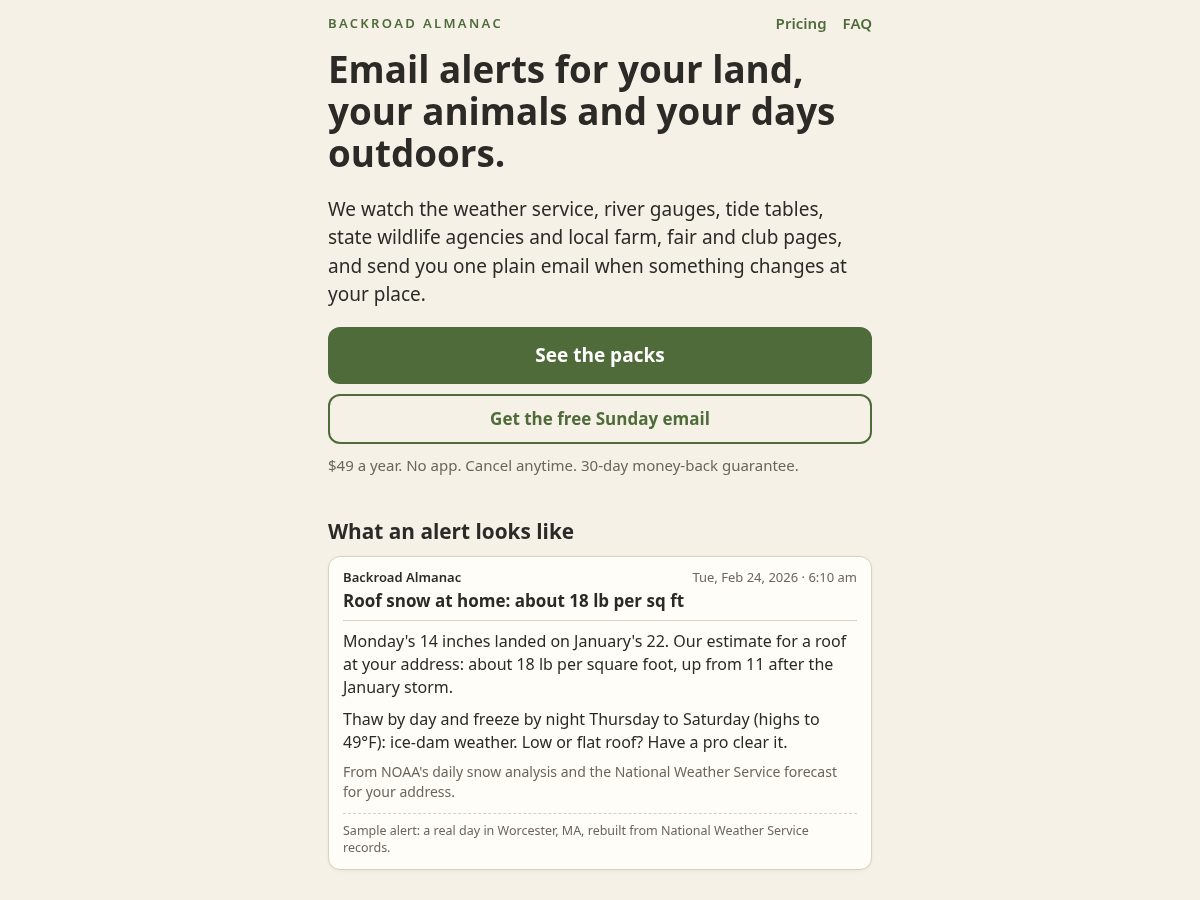 Landing-page snapshot of backroadalmanac.com