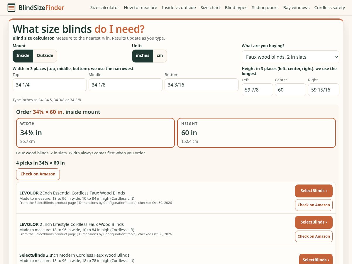 Landing-page snapshot of blindsizefinder.com
