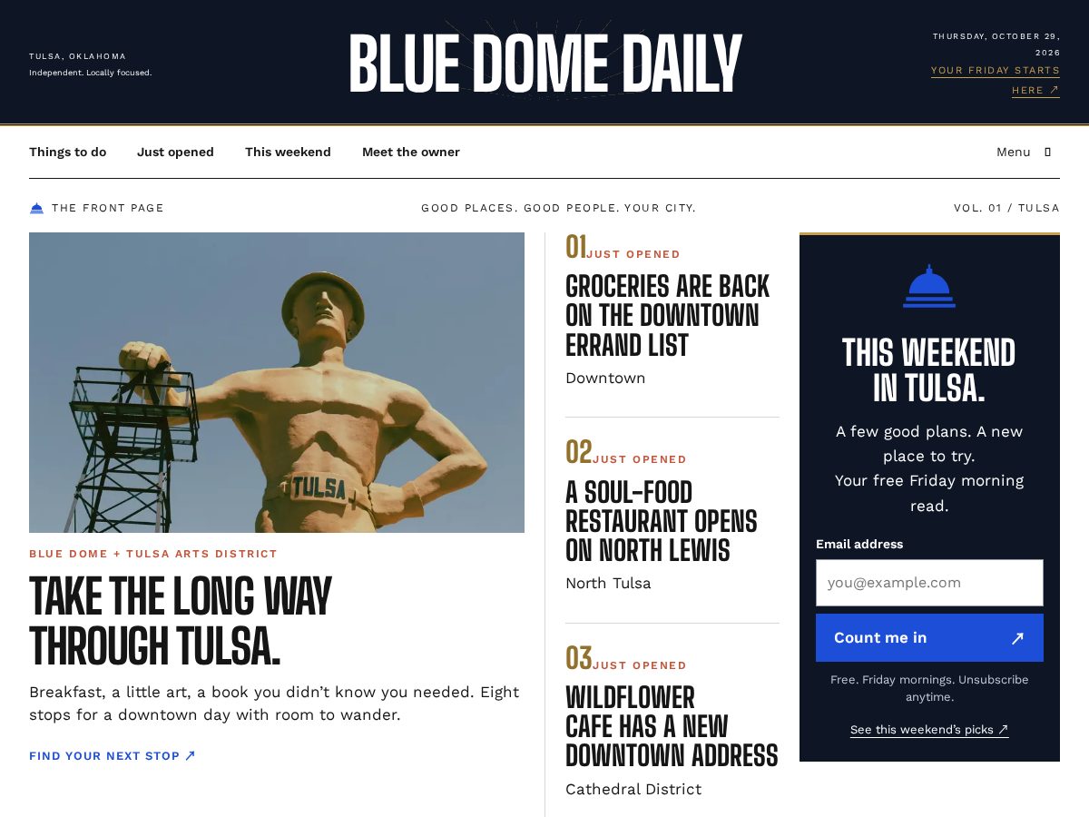 Landing-page snapshot of bluedomedaily.com