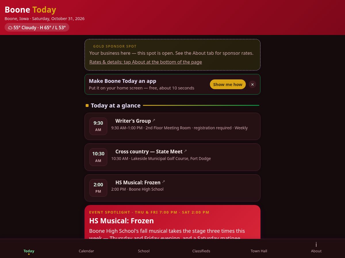 Landing-page snapshot of boonetodayia.com