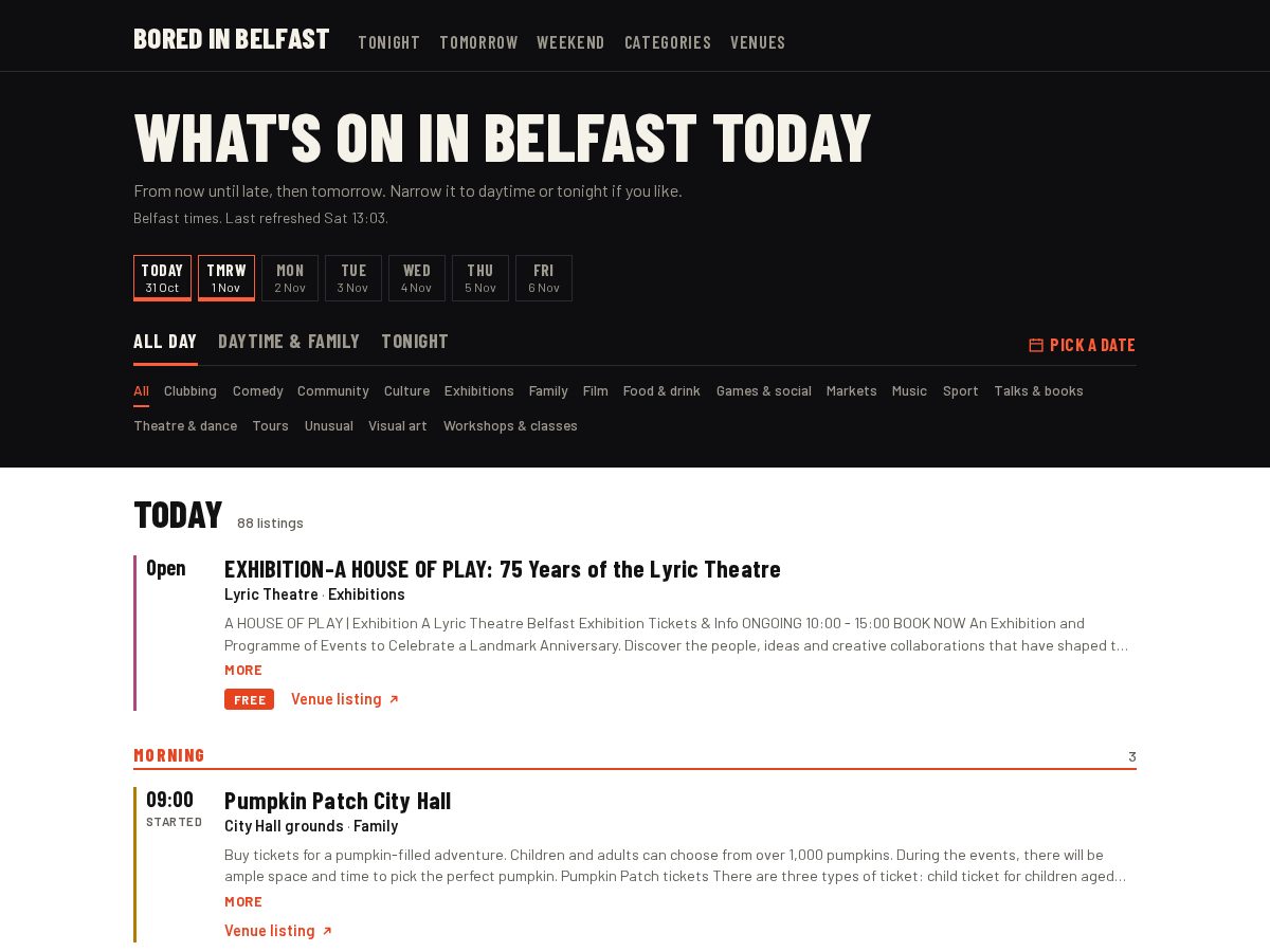 Landing-page snapshot of boredinbelfast.com