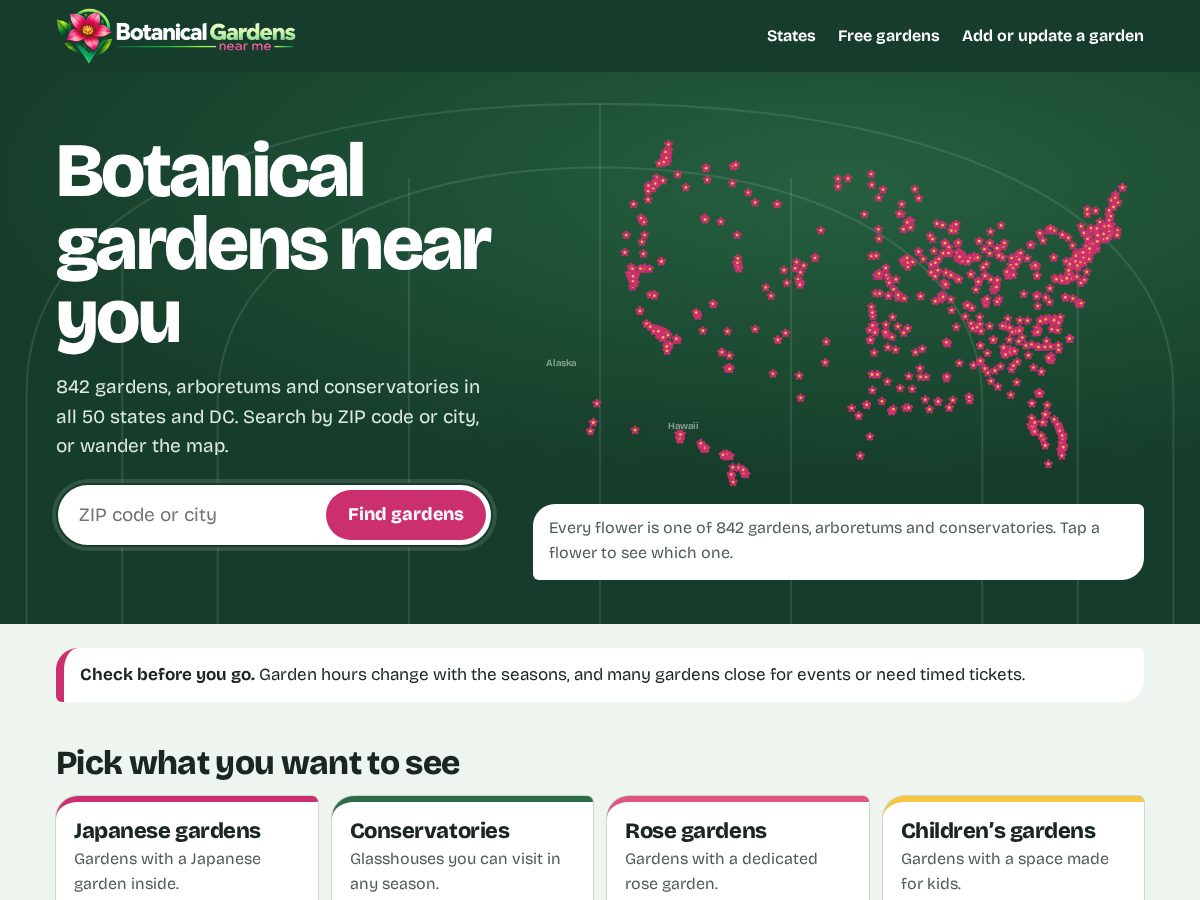Landing-page snapshot of botanicalgardensnearme.com