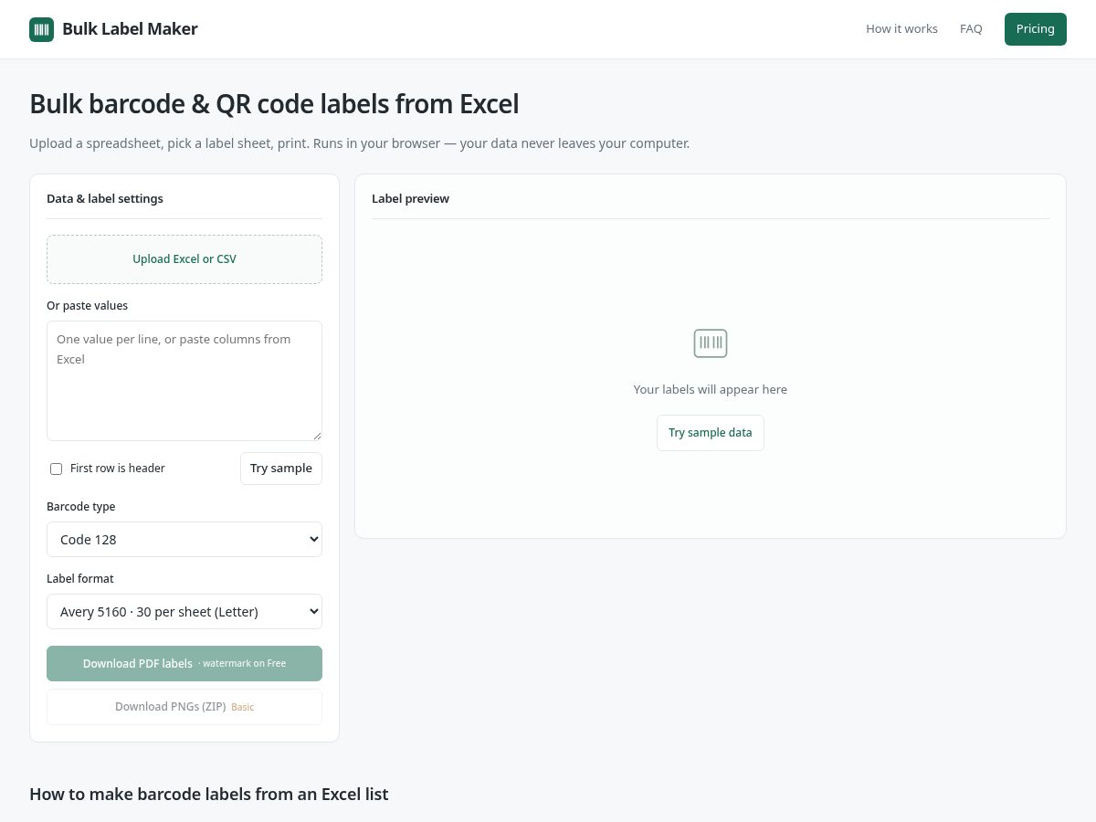 Landing-page snapshot of bulklabelmaker.com