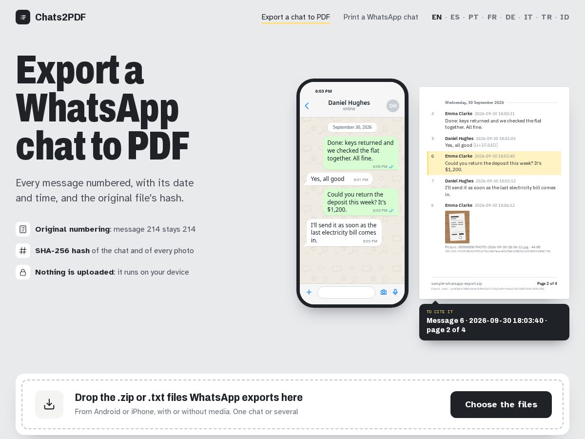 Landing-page snapshot of chats2pdf.com