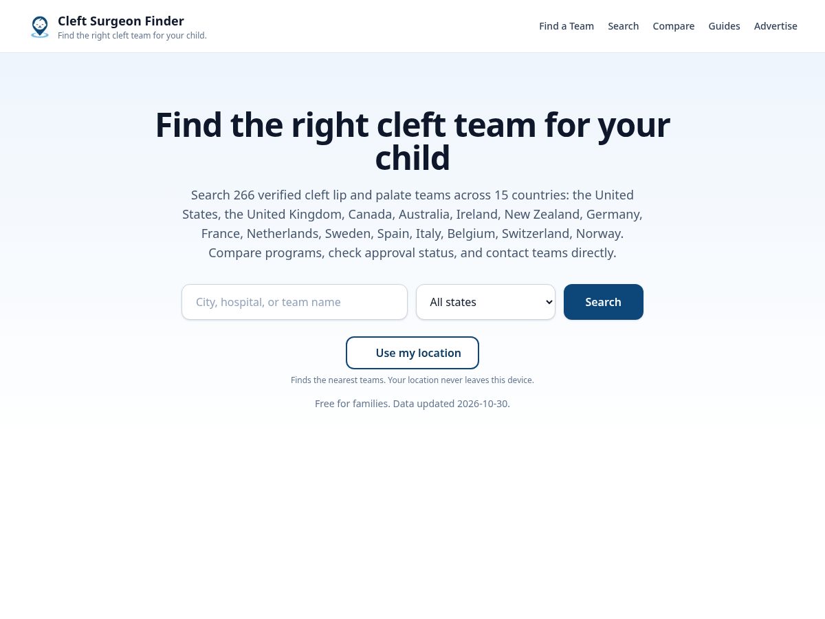 Landing-page snapshot of cleftsurgeonfinder.com
