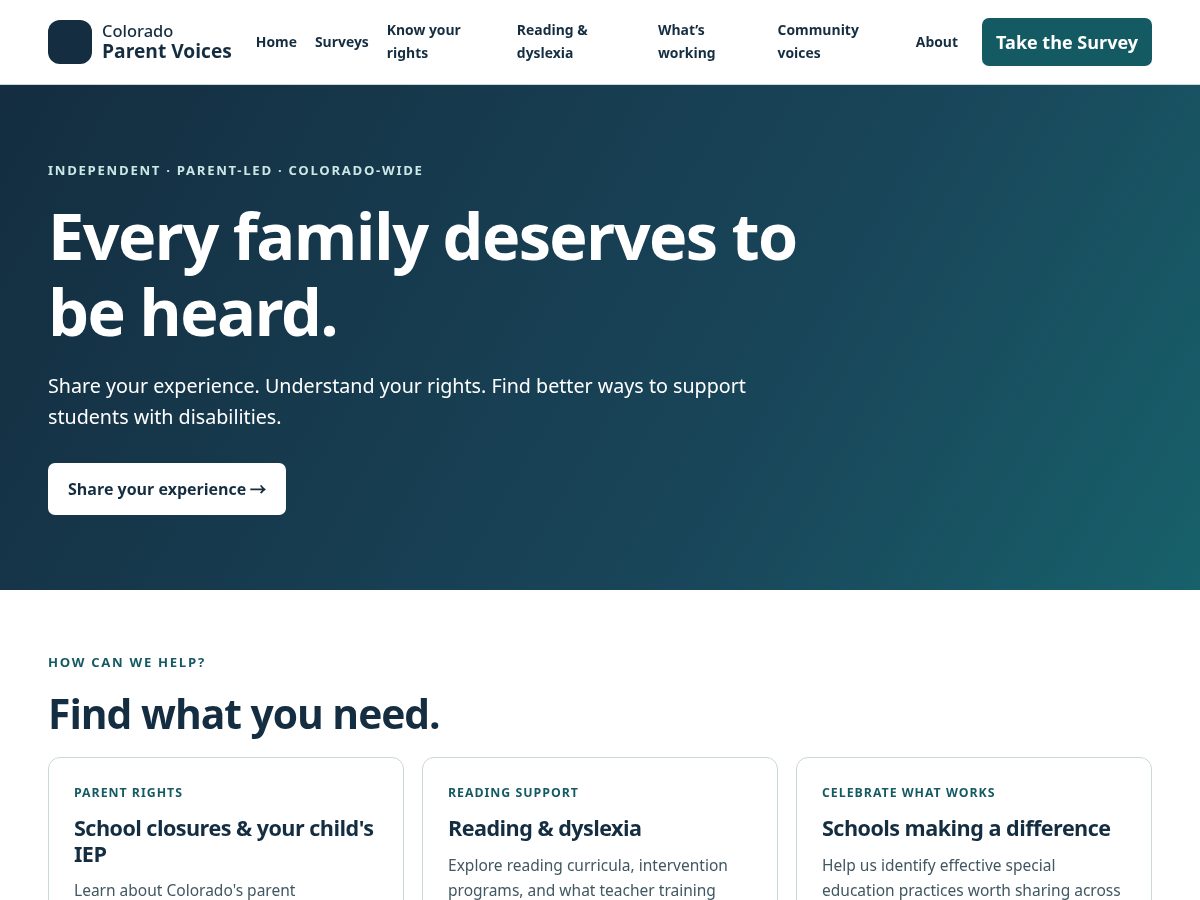 Landing-page snapshot of coloradoparentvoices.org