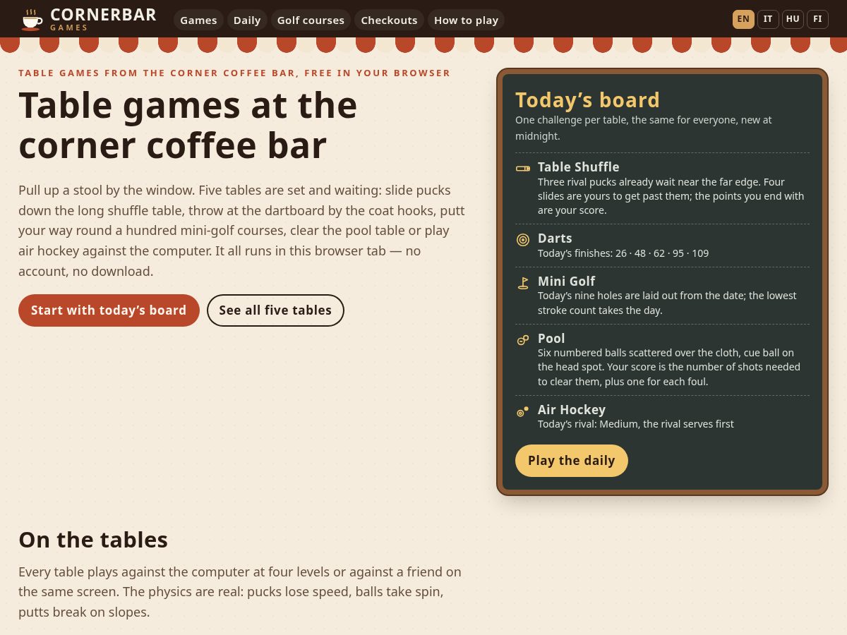 Landing-page snapshot of cornerbargames.com
