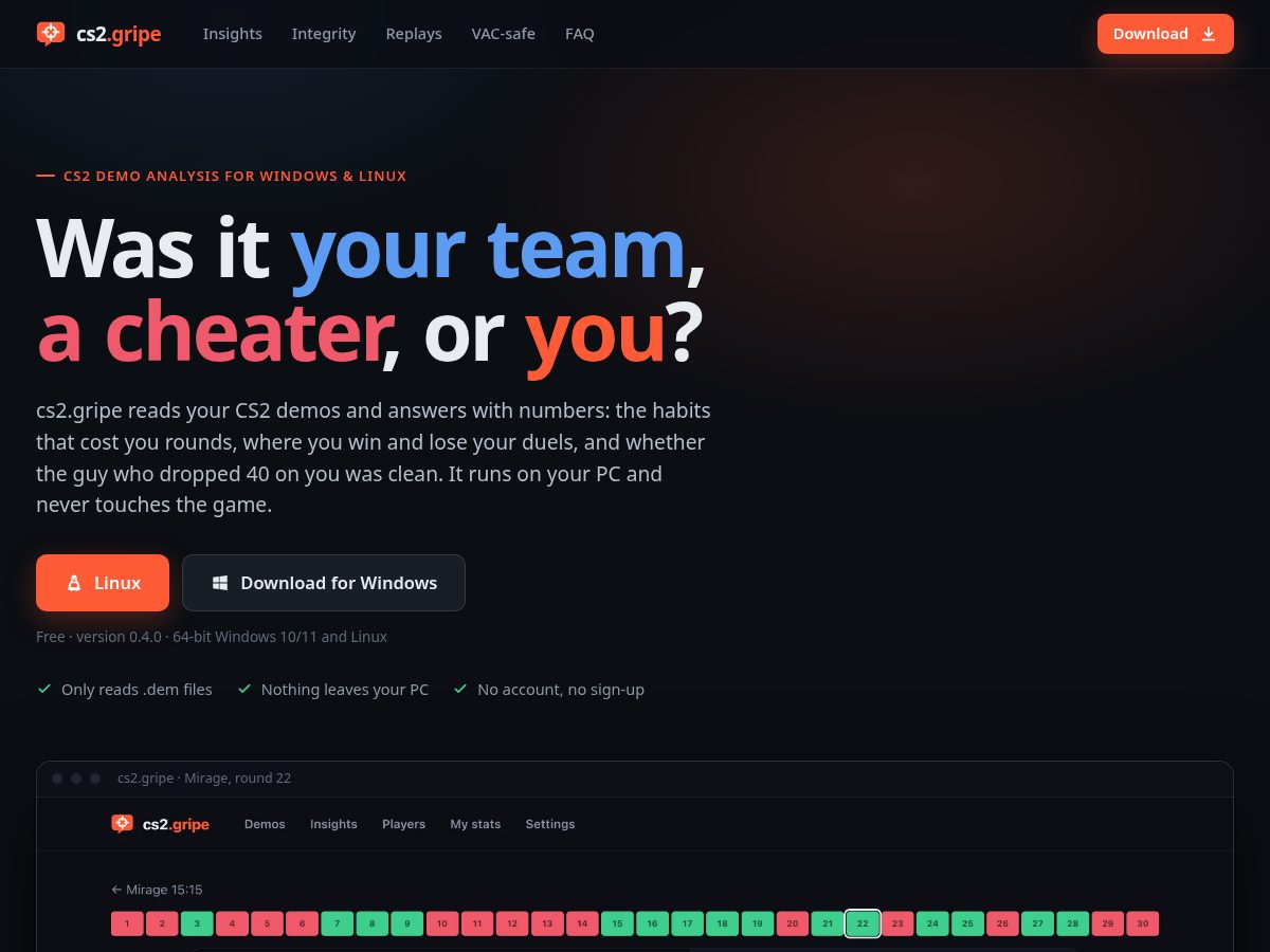 Landing-page snapshot of cs2.gripe