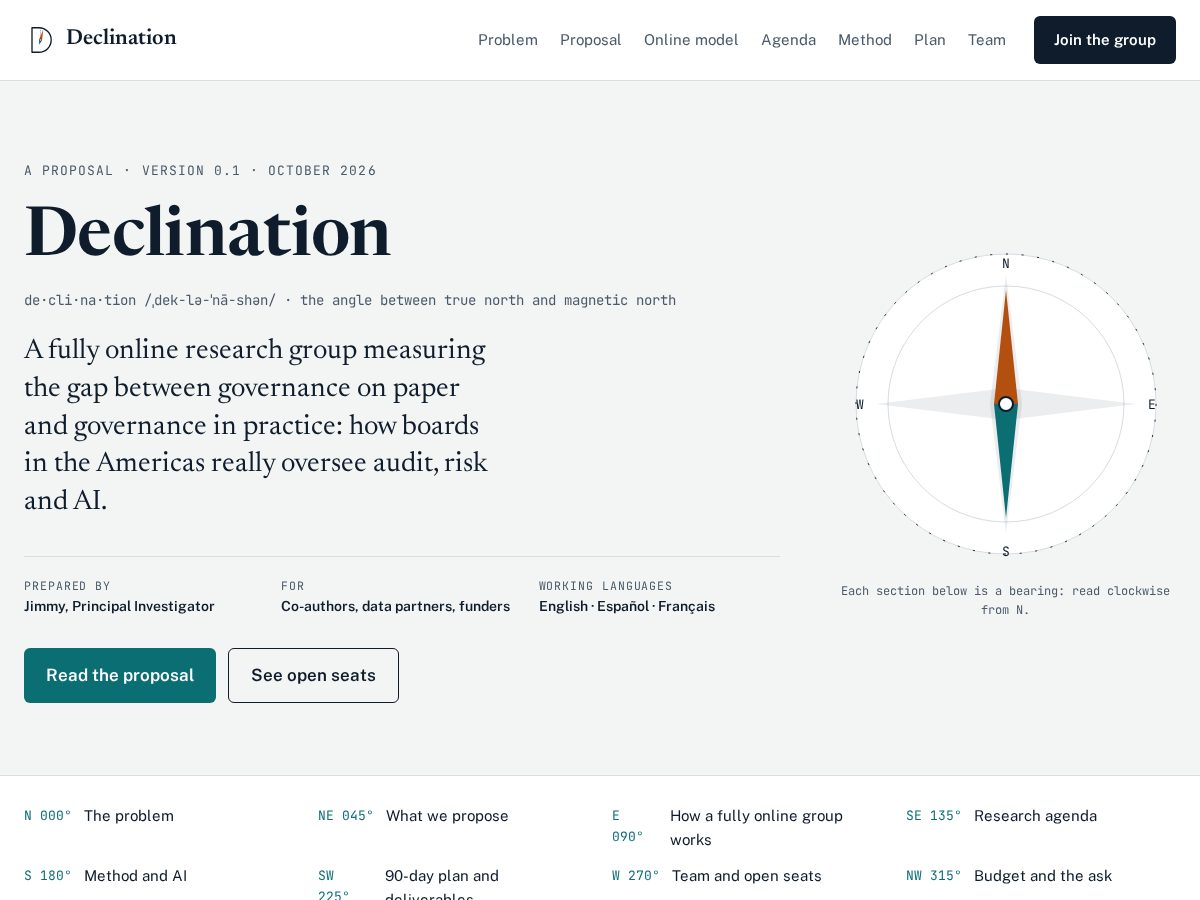 Landing-page snapshot of declinationresearch.org