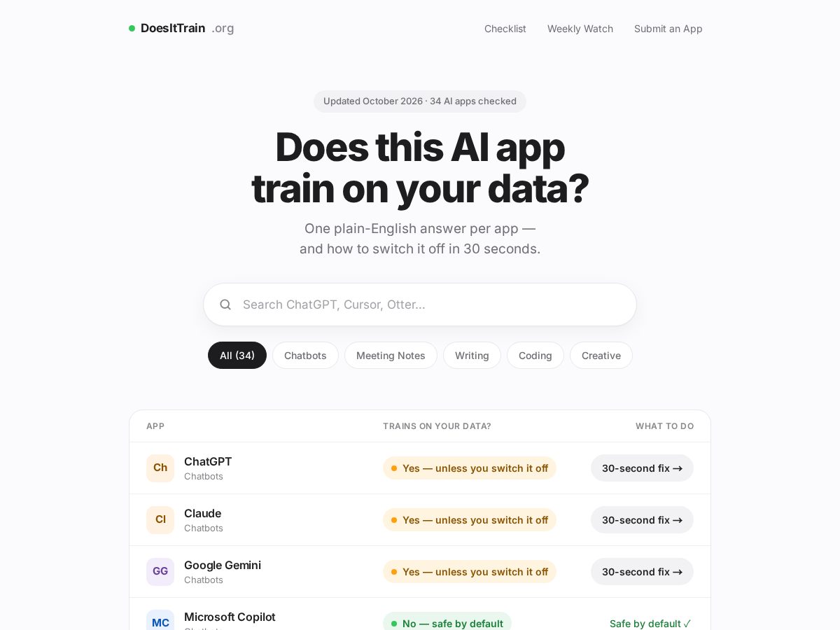 Landing-page snapshot of doesittrain.org