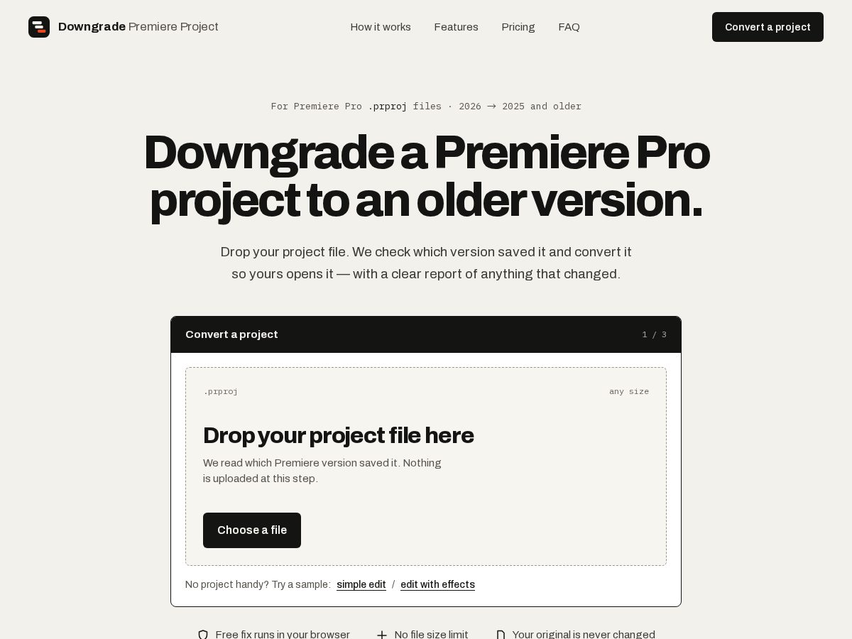 Landing-page snapshot of downgradepremiereproject.com
