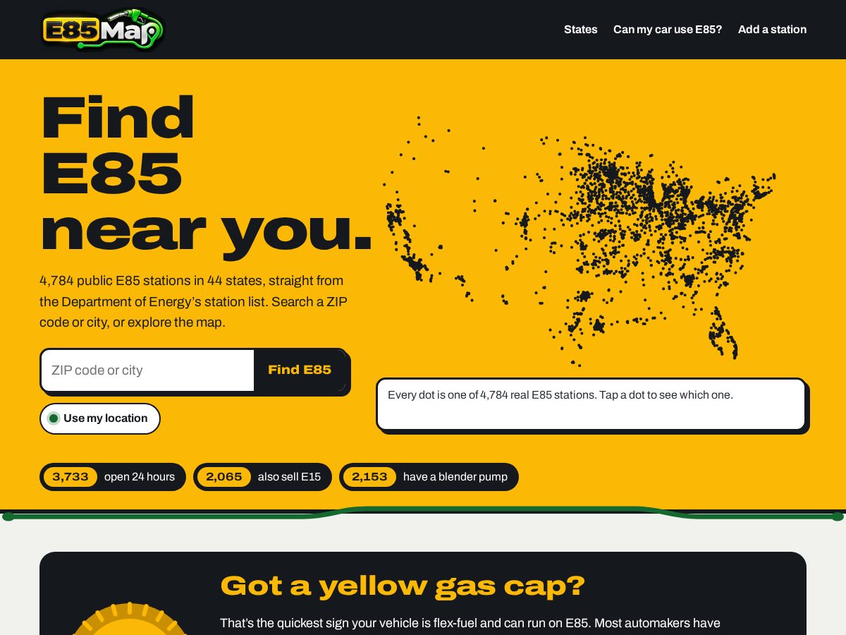 Landing-page snapshot of e85map.com