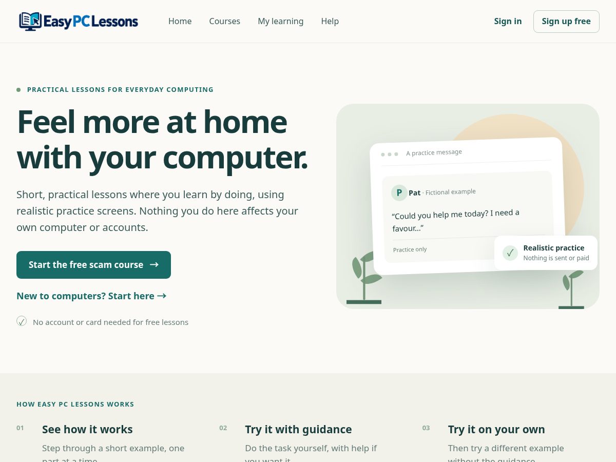 Landing-page snapshot of easypclessons.com