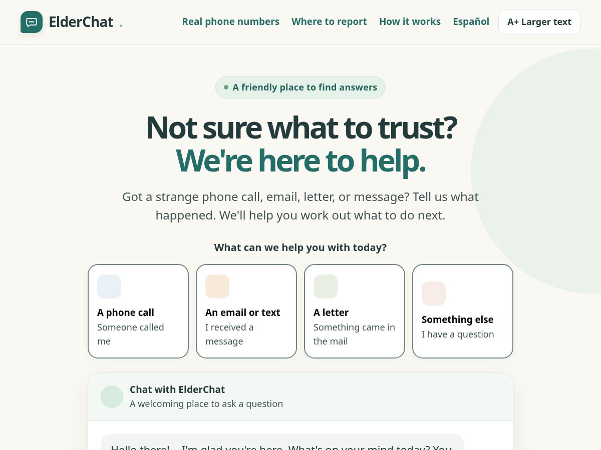 Landing-page snapshot of elderchat.org