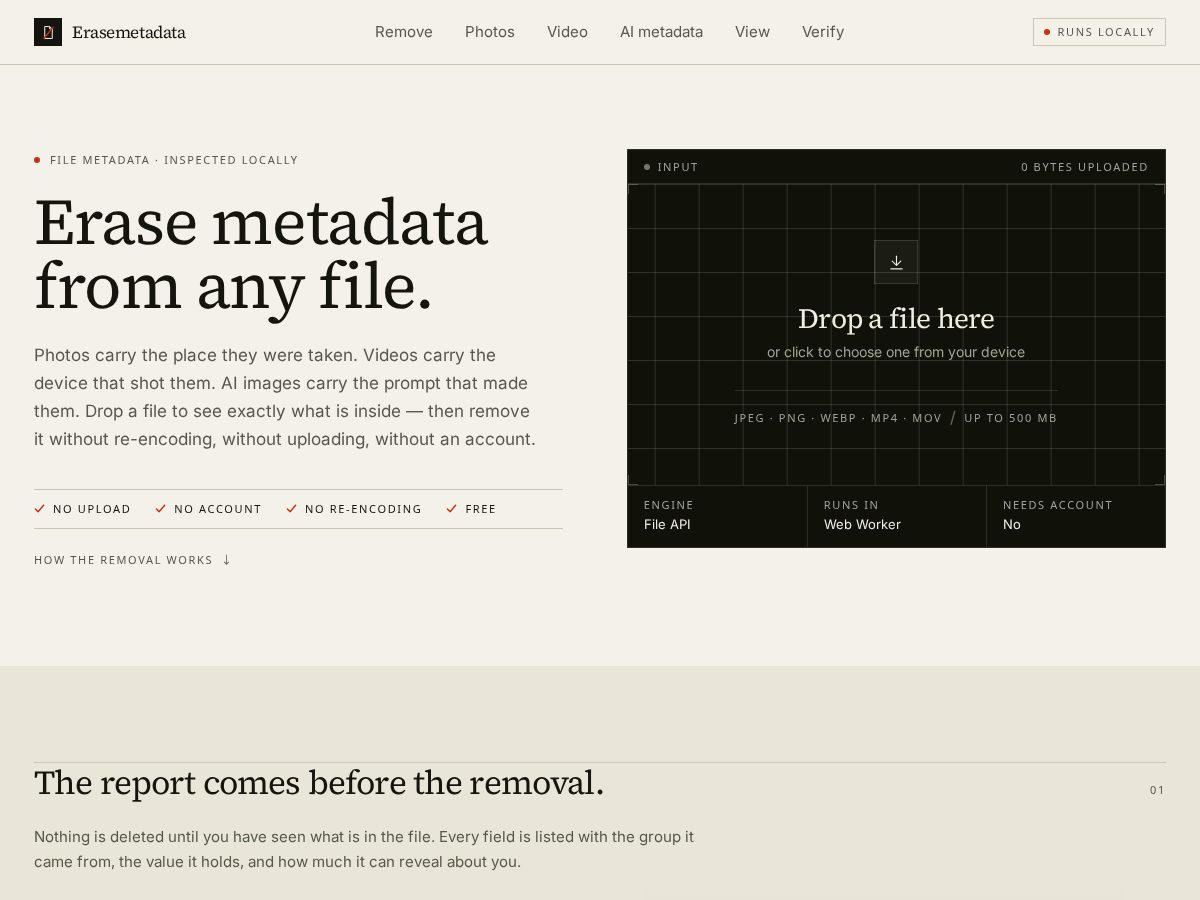 Landing-page snapshot of erasemetadata.com