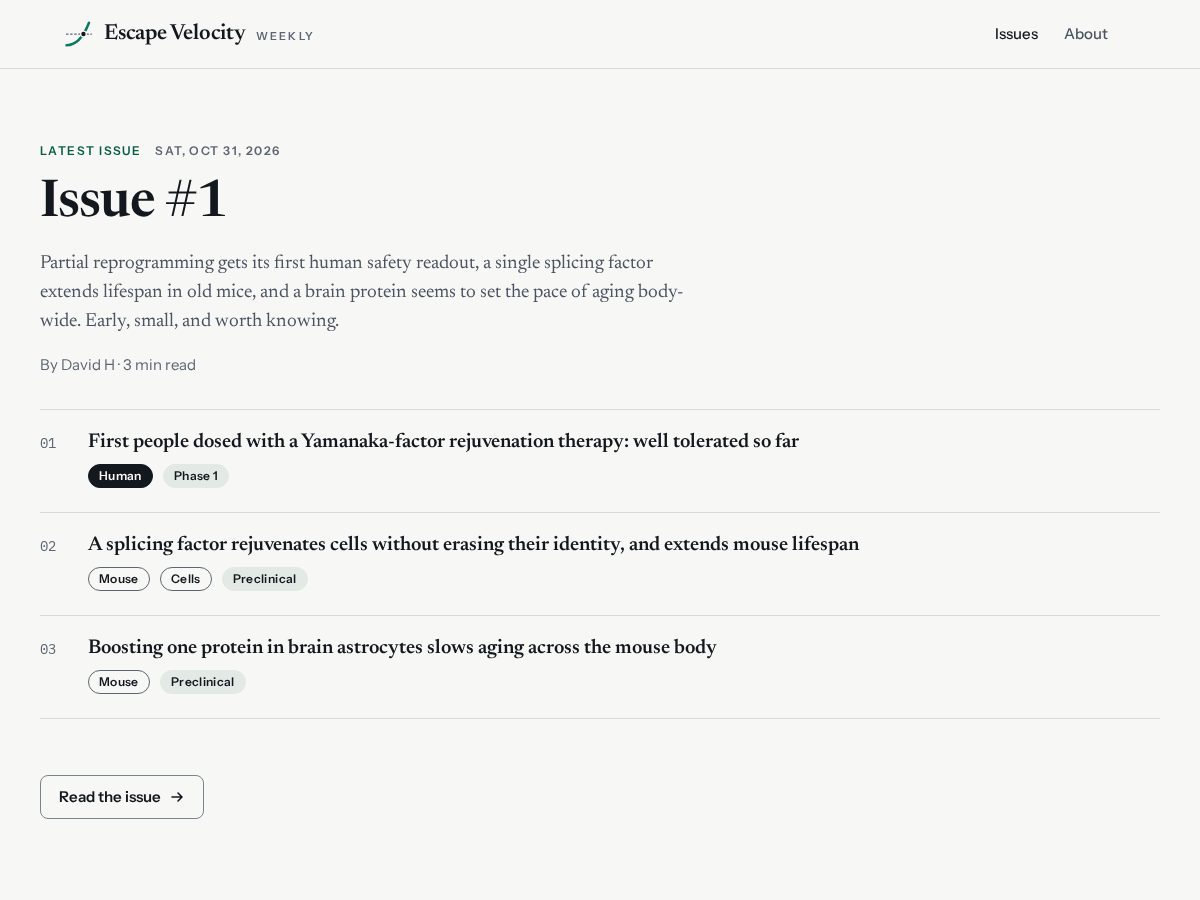Landing-page snapshot of escapevelocityweekly.com