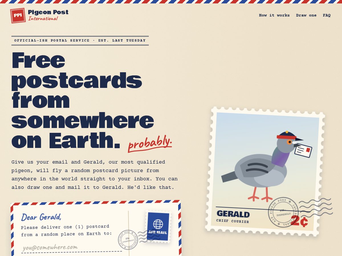 Landing-page snapshot of geraldthepigeon.com