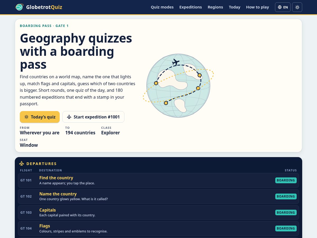 Landing-page snapshot of globetrotquiz.com