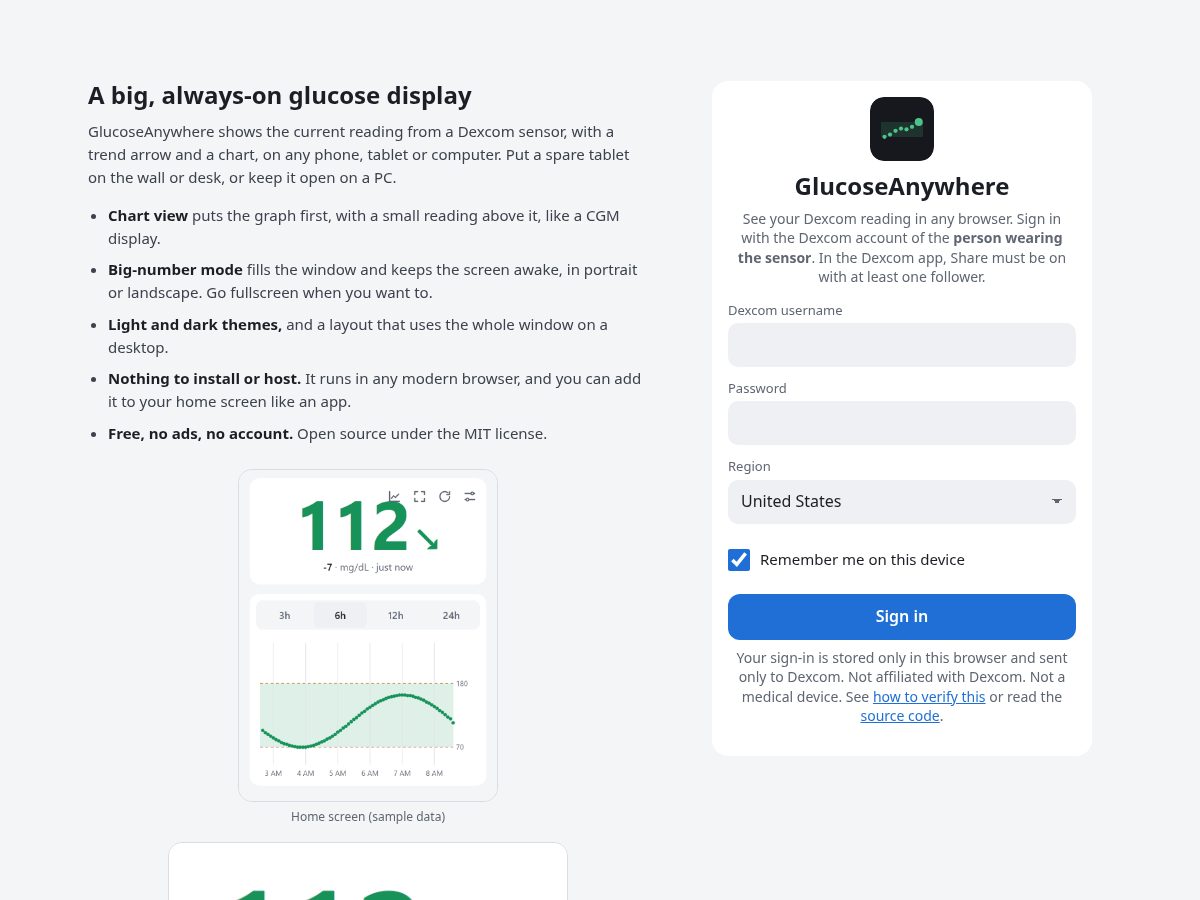Landing-page snapshot of glucoseanywhere.com