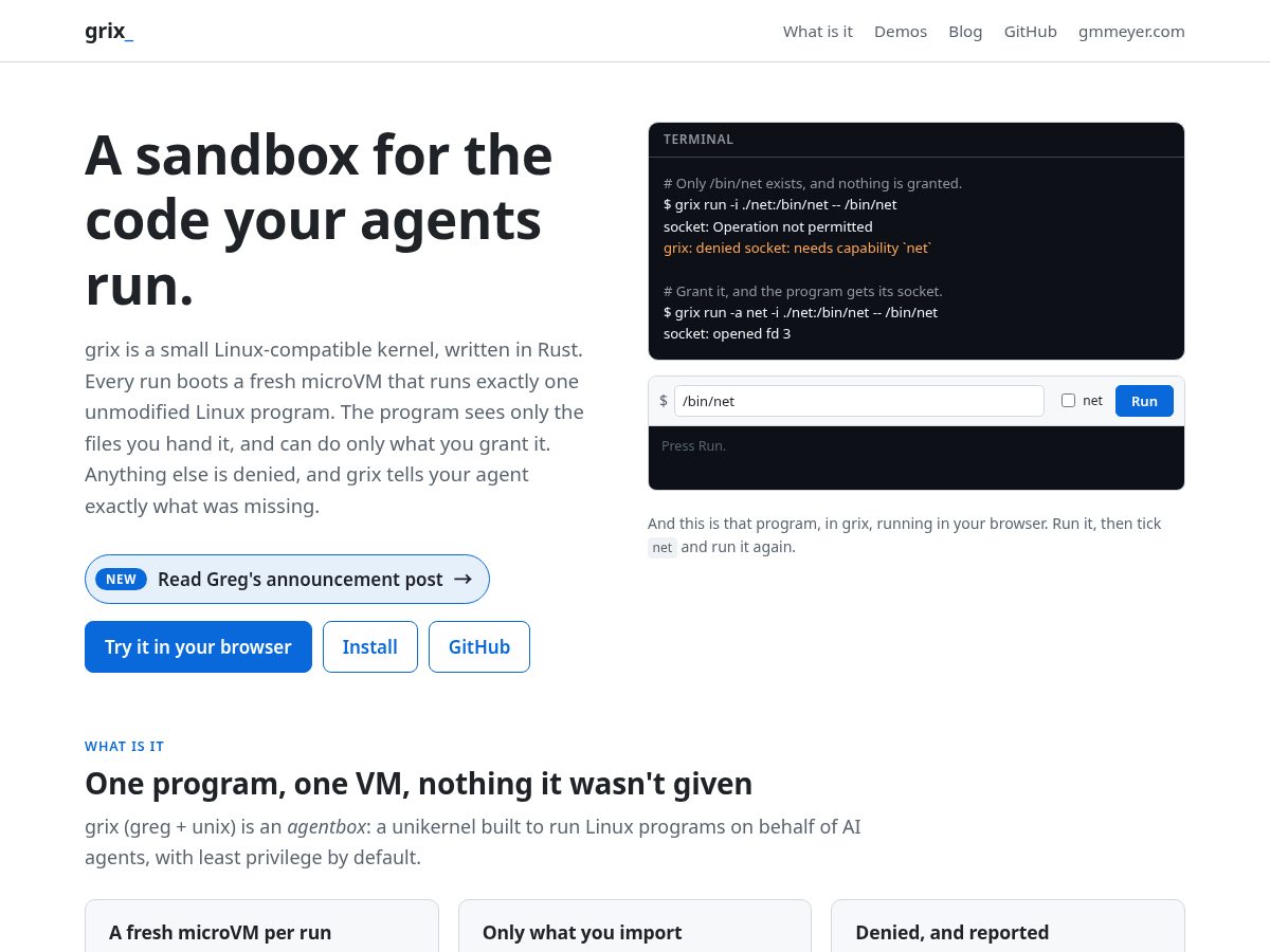 Landing-page snapshot of grixos.dev
