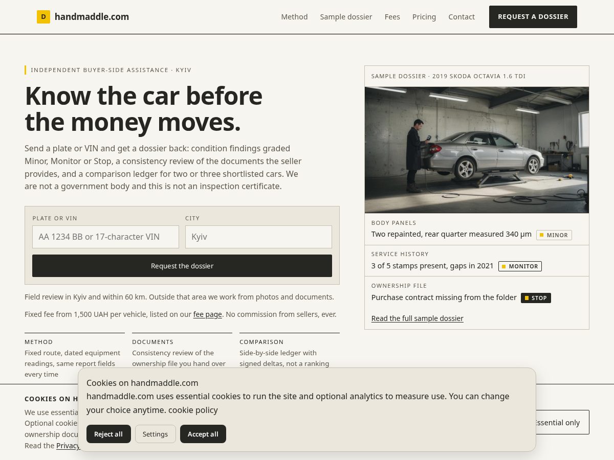 Landing-page snapshot of handmaddle.com