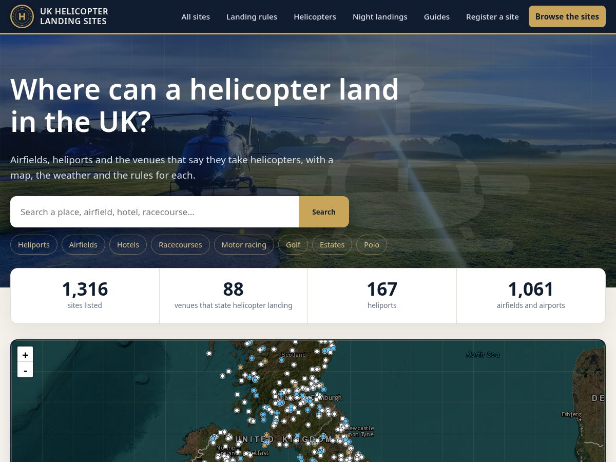 Landing-page snapshot of helicopterlandingsites.com