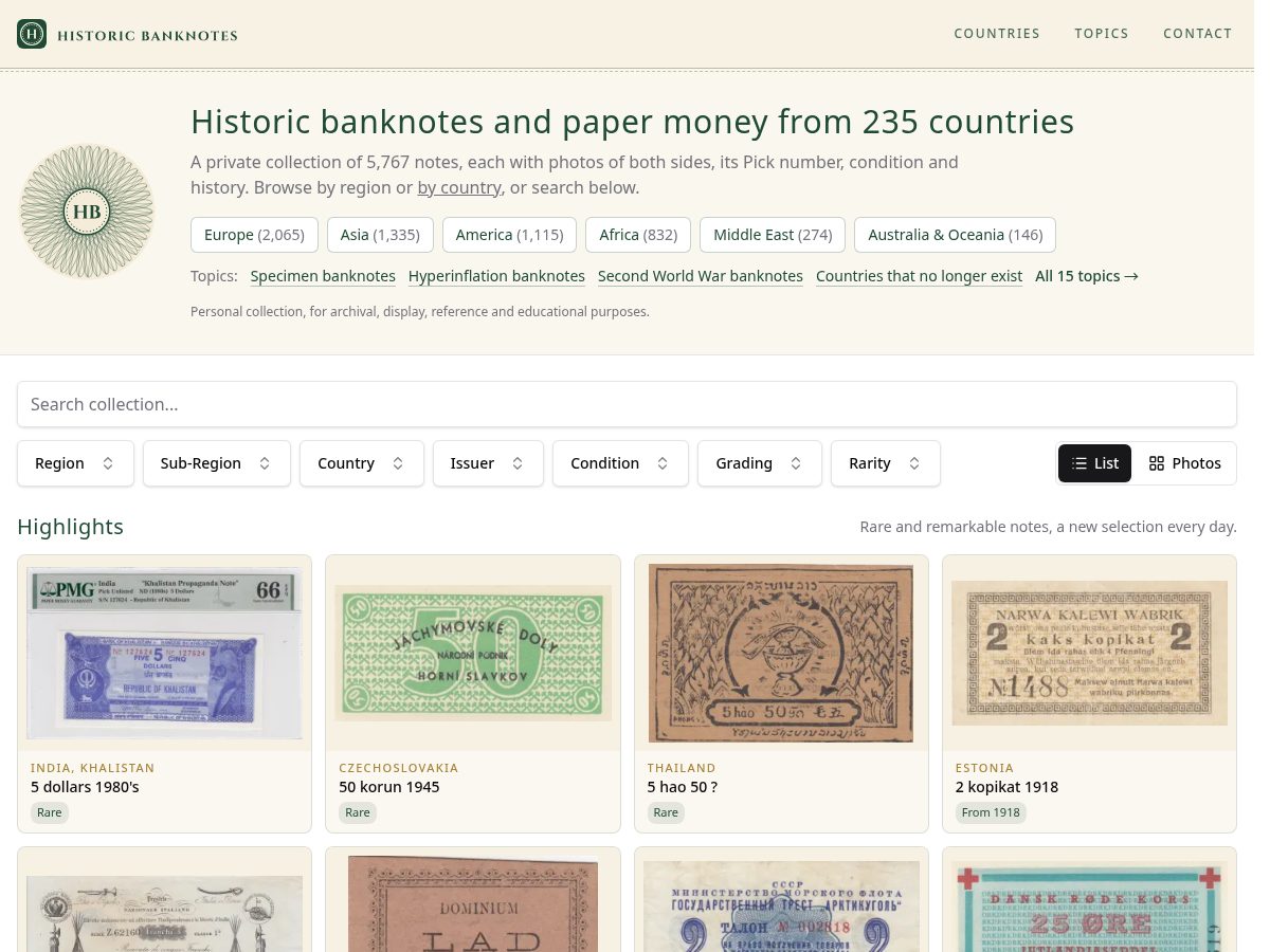 Landing-page snapshot of historicbanknotes.com