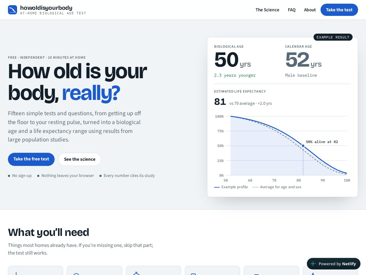 Landing-page snapshot of howoldisyourbody.com