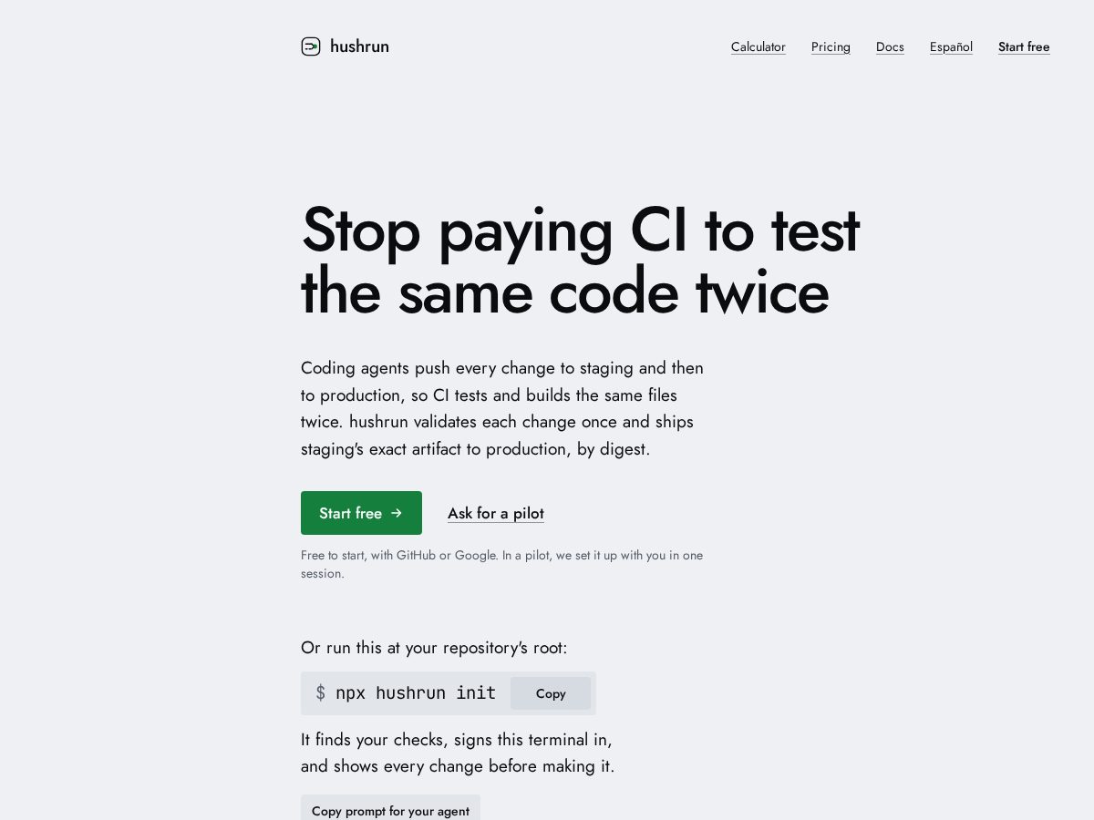 Landing-page snapshot of hushrun.com