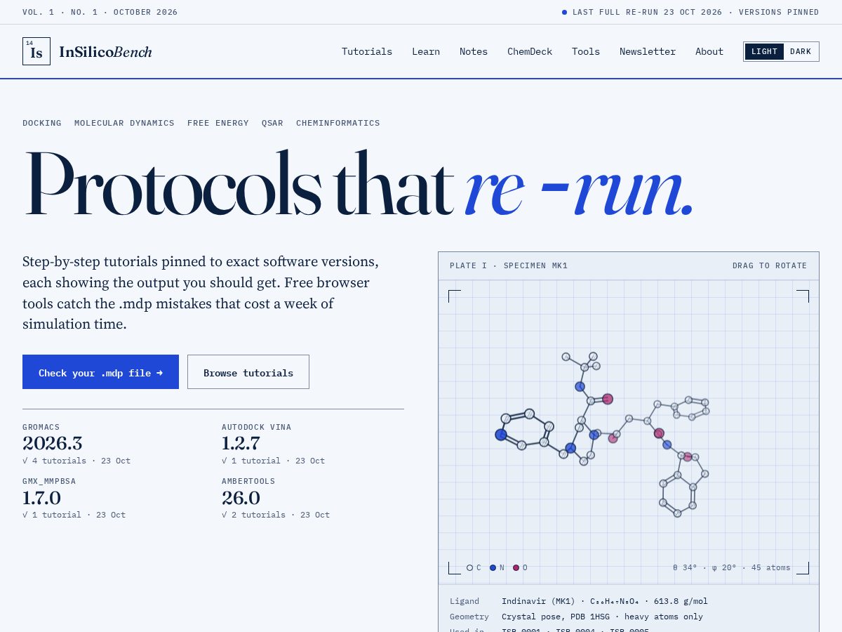 Landing-page snapshot of insilicobench.com
