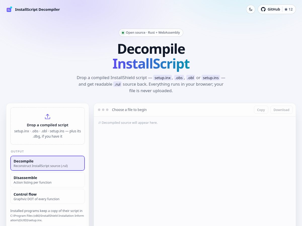 Landing-page snapshot of installscript-decompiler.com
