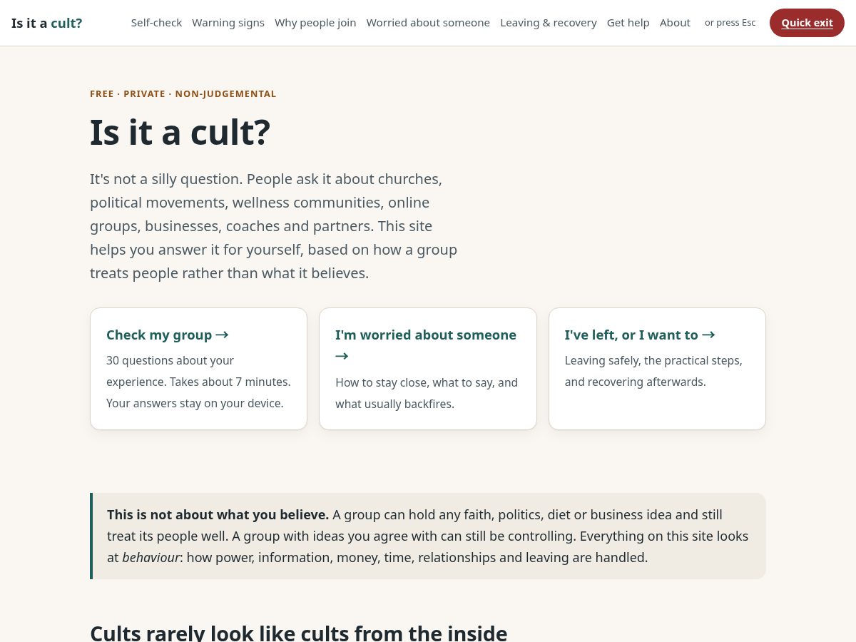 Landing-page snapshot of isitacult.com