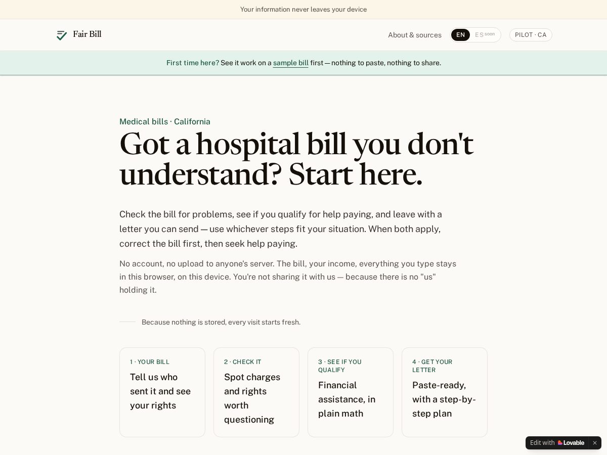 Landing-page snapshot of itsfairbill.com