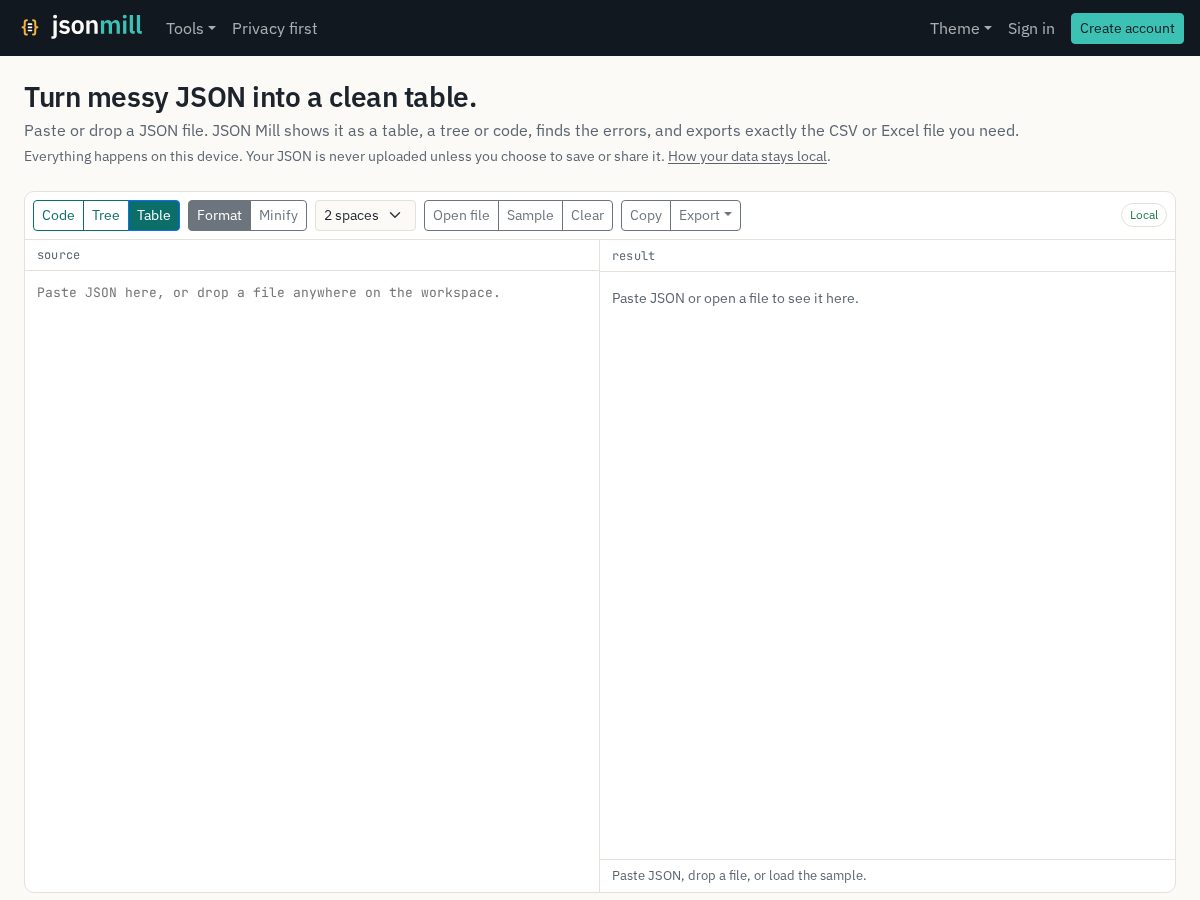 Landing-page snapshot of jsonmill.com