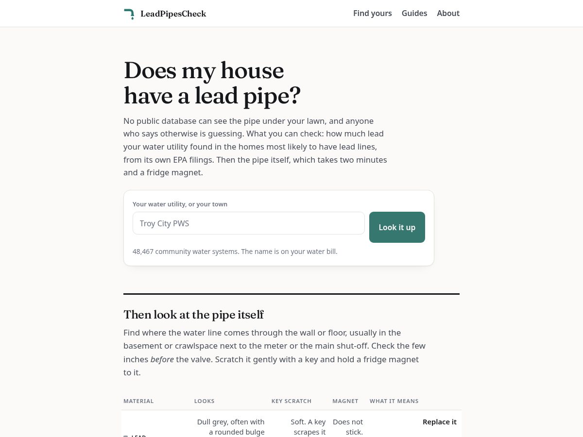 Landing-page snapshot of leadpipescheck.com