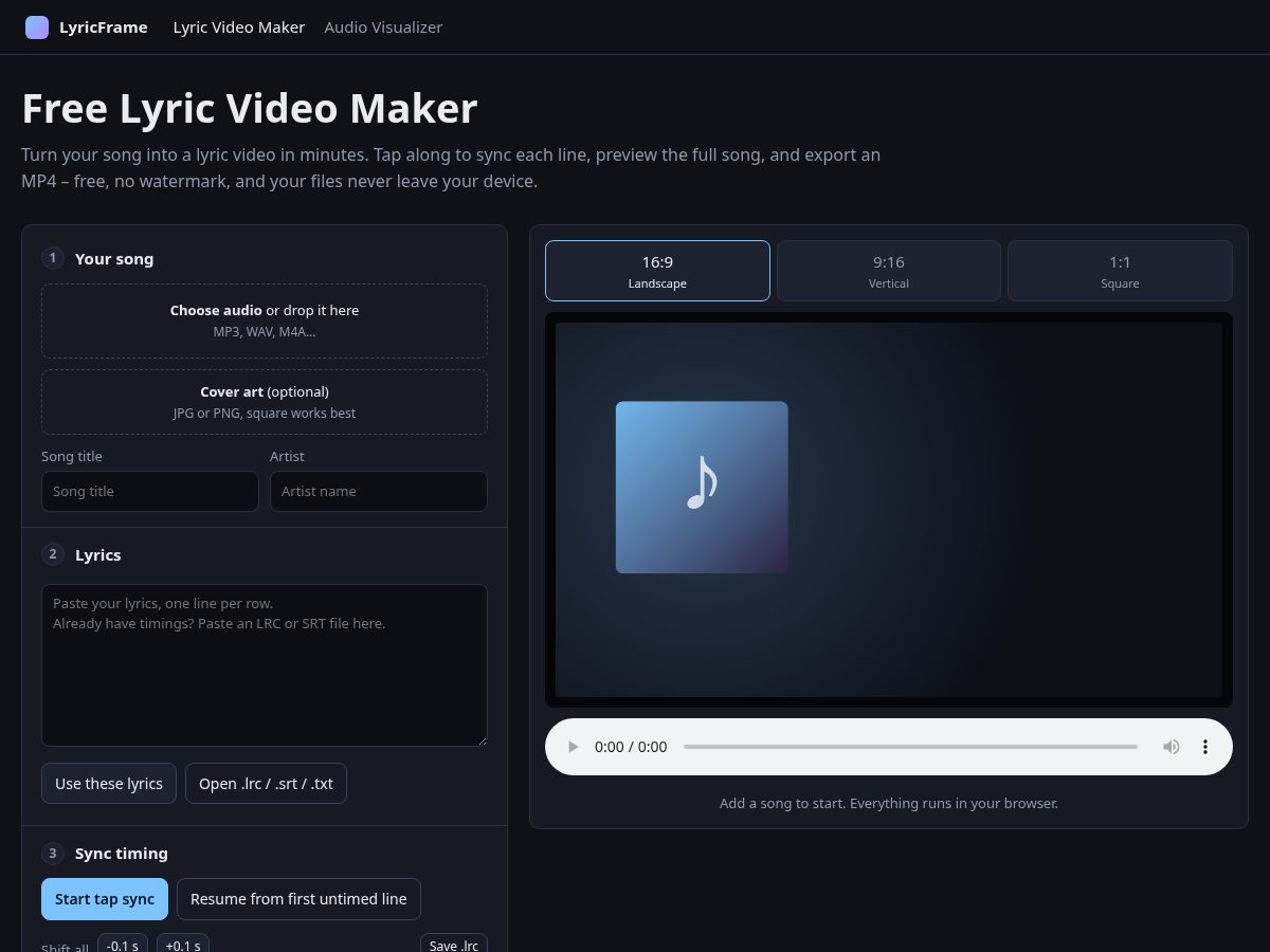 Landing-page snapshot of lyricframe.com