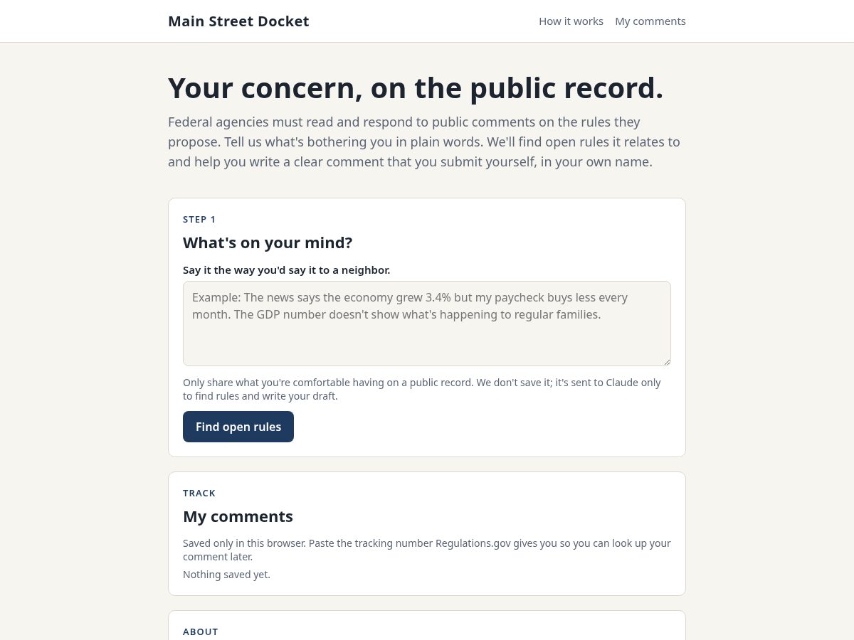 Landing-page snapshot of mainstreetdocket.com