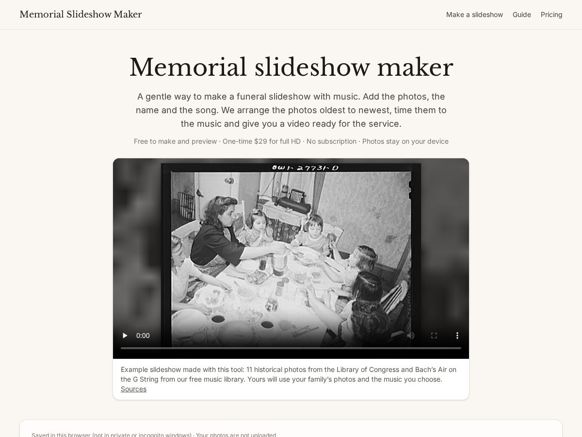 Landing-page snapshot of memorialslideshowmaker.com