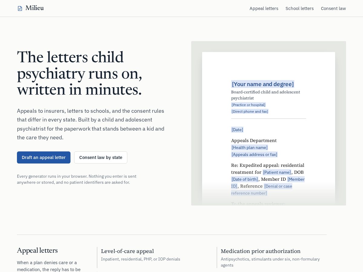 Landing-page snapshot of milieu.health