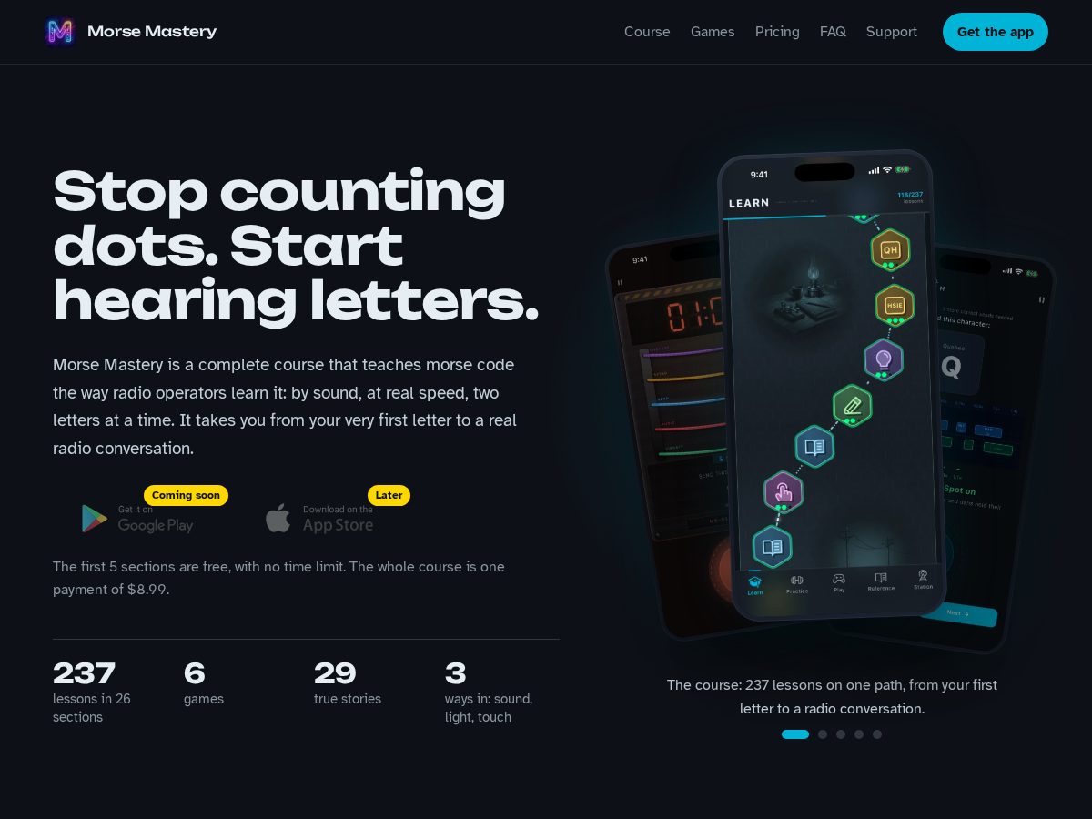 Landing-page snapshot of morsecodemastery.com