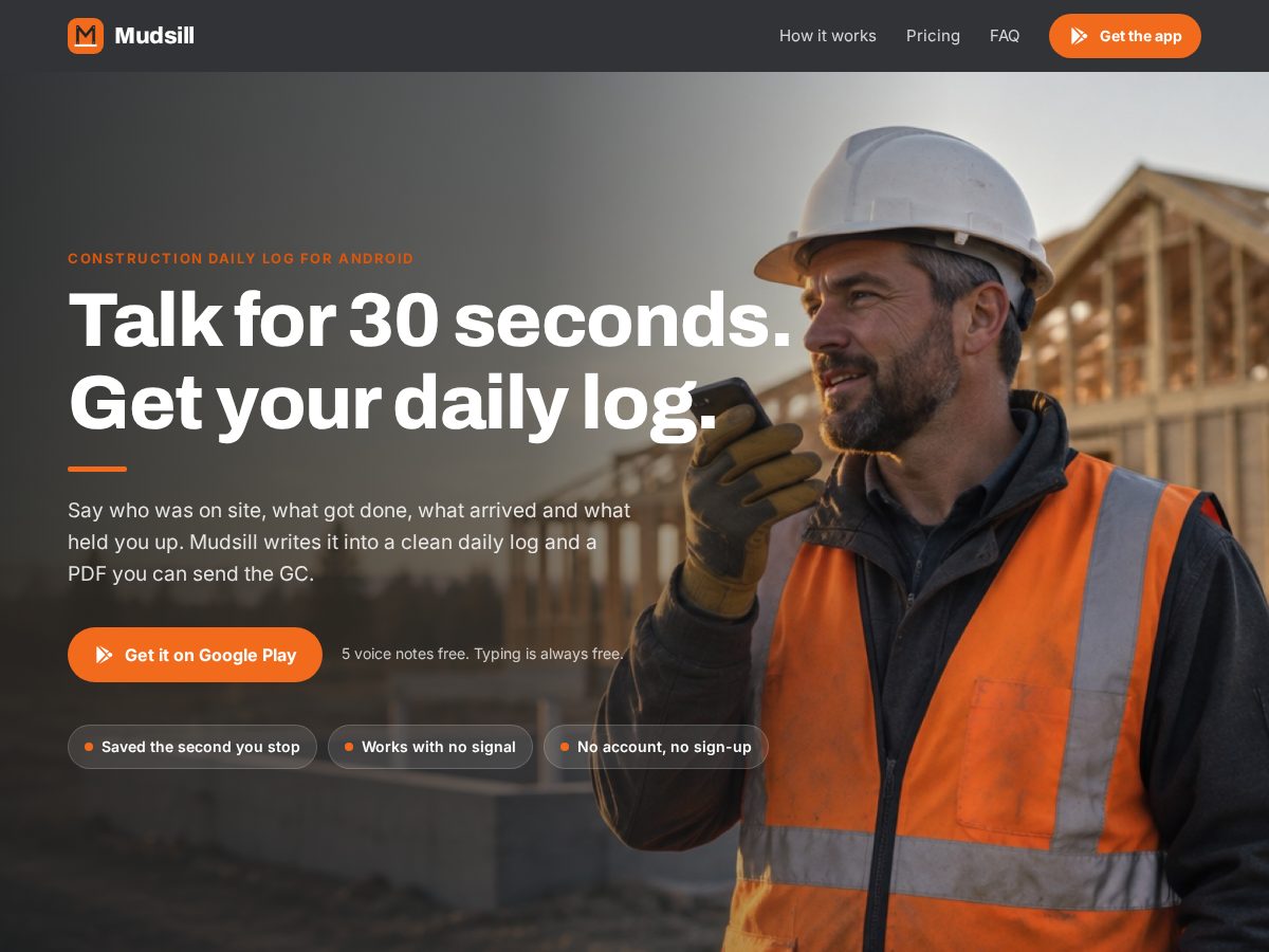 Landing-page snapshot of mudsill.app