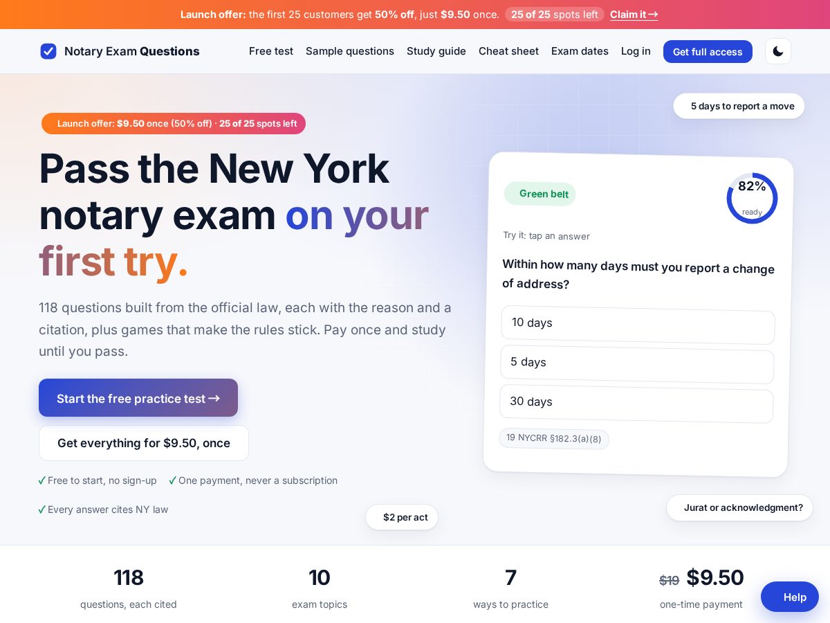 Landing-page snapshot of notaryexamquestions.com
