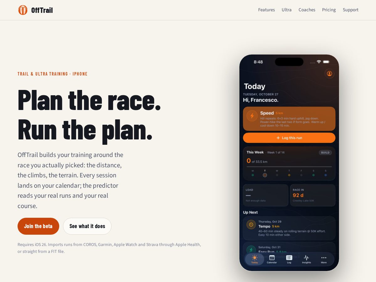 Landing-page snapshot of offtrailrun.app