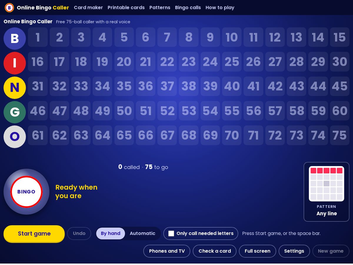 Landing-page snapshot of onlinebingocaller.app